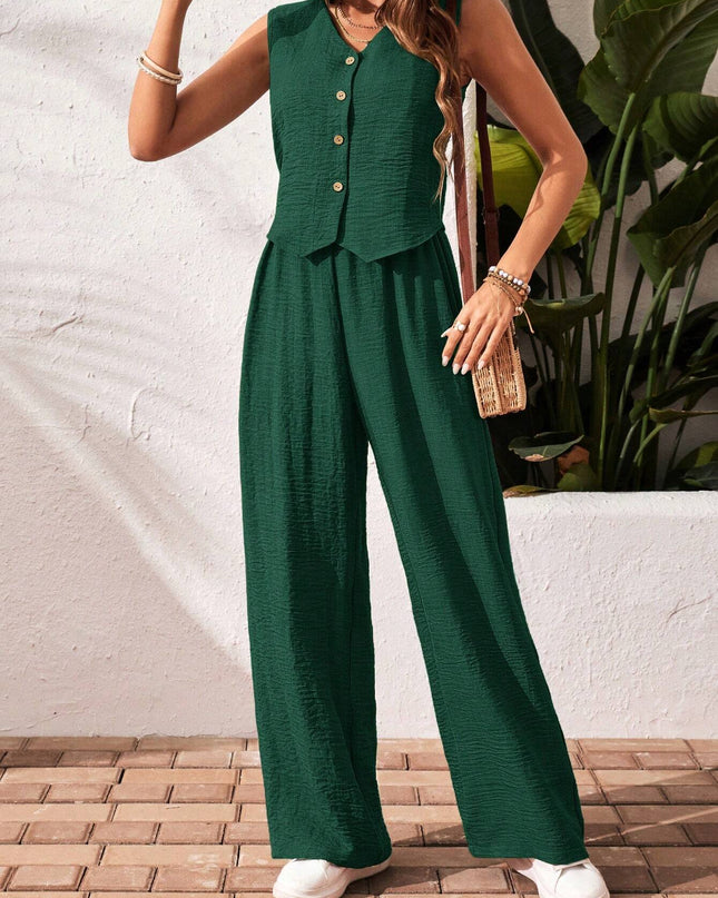 Frenchy Women'S Solid Color Front Button Sleeveless Blouse and Long Pants Casual Suit Set Fall Women Outfits Women Outfit Sets Winter Women Sets