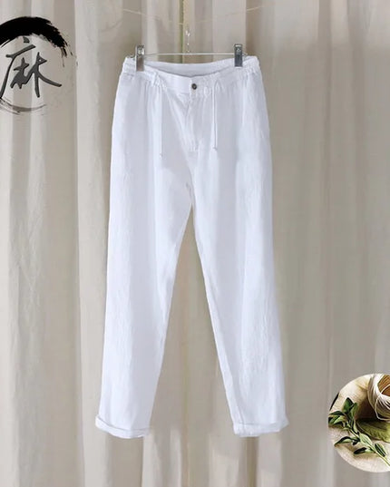 New Design Casual 100% Linen Long Pants Men Solid Fashion Brand Trousers for Men Elastic Waist Pantalones Pantaloni Un Pantalon
