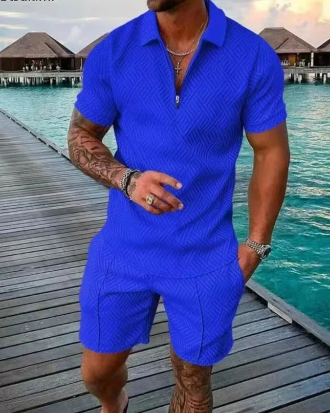 New 2025 Men'S Polo Suit Fashion Men Sets Solid Summer V-Neck Zipper Short Sleeve POLO Shirt+Shorts Two Pieces Men Casual Suit