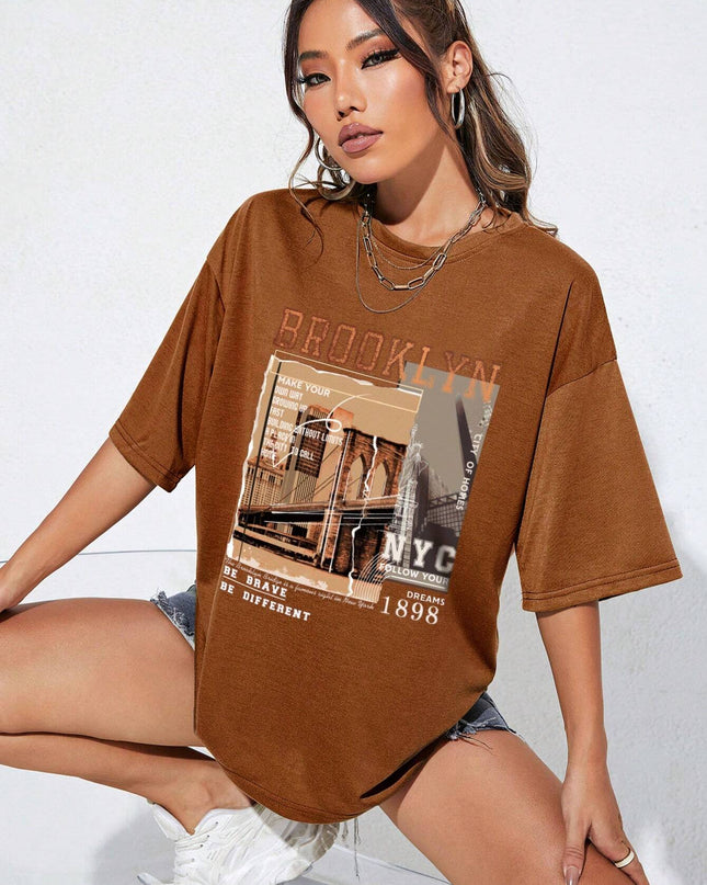 INAWLY Street View and Slogan Graphic Drop Shoulder Tee MAKE YOUR OWN WAY GROWING up FAST BUILDING without LIMITS a PLACE in the CITY to CALL HOME CITY of HOMES NYC FOLLOW YOUR DREAMS 1898 the Brooklyn Bridge Is a Famous Sight in New York BE BRAVE BE DIFFERENT Graphic Tees Women Tops