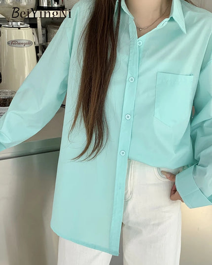 2024 Spring Autumn Women Shirts White Plain Loose Oversized Blouses Female Tops Loose BF Korean Style Blusas Pockets