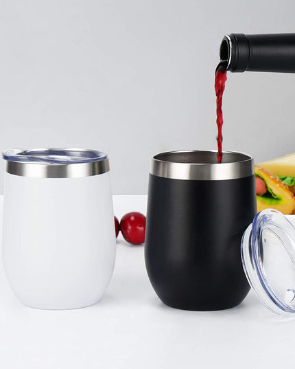 Stainless Steel Wine Tumbler 12Oz, Double Wall Vacuum Insulated Wine Tumbler with Lid and Straw, Stainless Steel Stemless Wine Glass for Wine, Coffee, Cocktails, Champaign, Ice Cream, Black