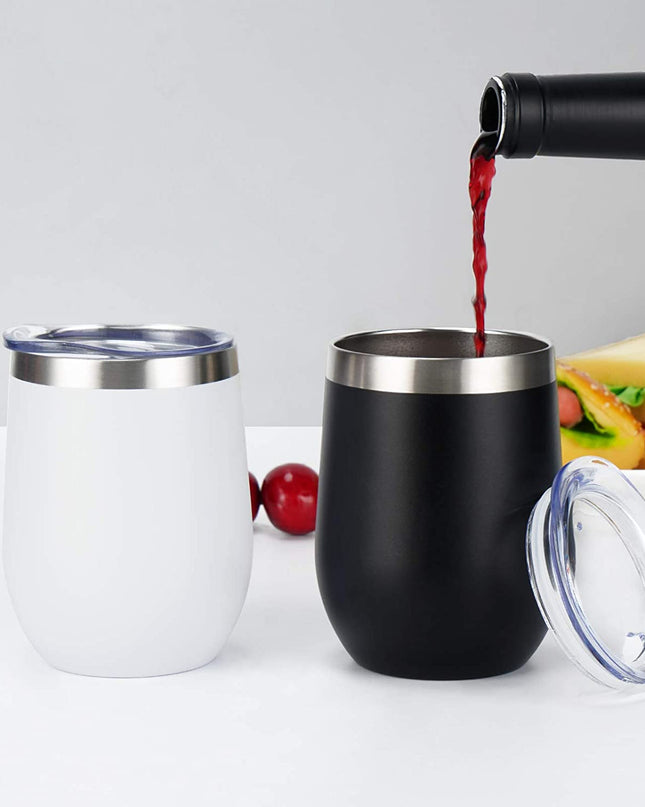 Stainless Steel Wine Tumbler 12Oz, Double Wall Vacuum Insulated Wine Tumbler with Lid and Straw, Stainless Steel Stemless Wine Glass for Wine, Coffee, Cocktails, Champaign, Ice Cream, Black