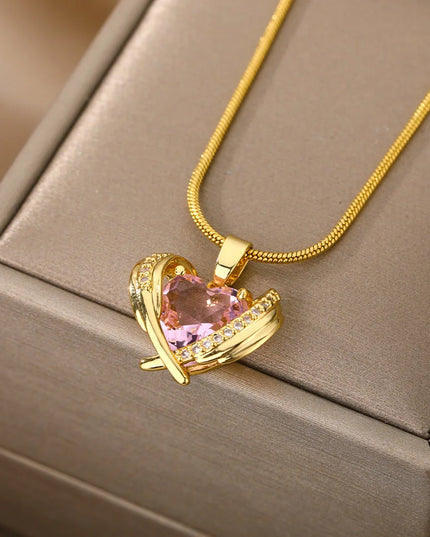 Bohemia Pink Cubic Zirconia Necklace for Women Stainless Steel Heart Wings Pendant Necklaces Crystal Choker Couple Jewerly Gift