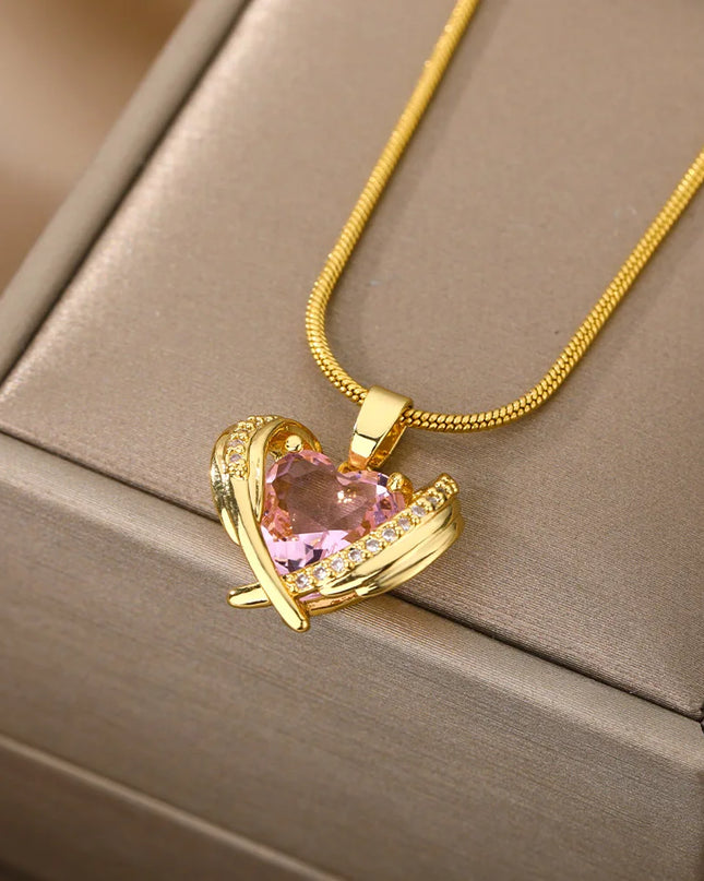 Bohemia Pink Cubic Zirconia Necklace for Women Stainless Steel Heart Wings Pendant Necklaces Crystal Choker Couple Jewerly Gift