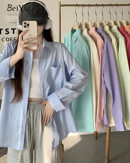 2024 Spring Autumn Women Shirts White Plain Loose Oversized Blouses Female Tops Loose BF Korean Style Blusas Pockets