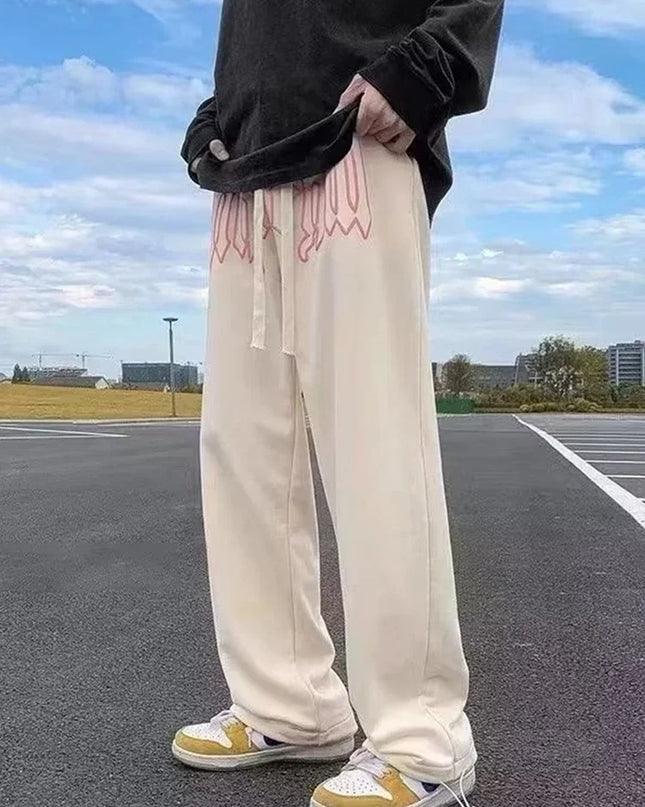 American Style Letter Print Straight Pants for Men High Street Loose Trousers Casual Joggers Hip Hop Drawstring Sweatpants