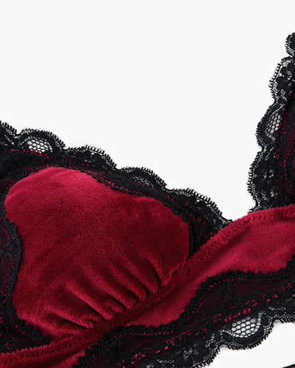 Solid Comfy Velvet Lingeries for Women Floral Lace Gathered Bras and Thong Set 2Pcs Seductive Lingerie Sexy Sleepwear Pajama Set