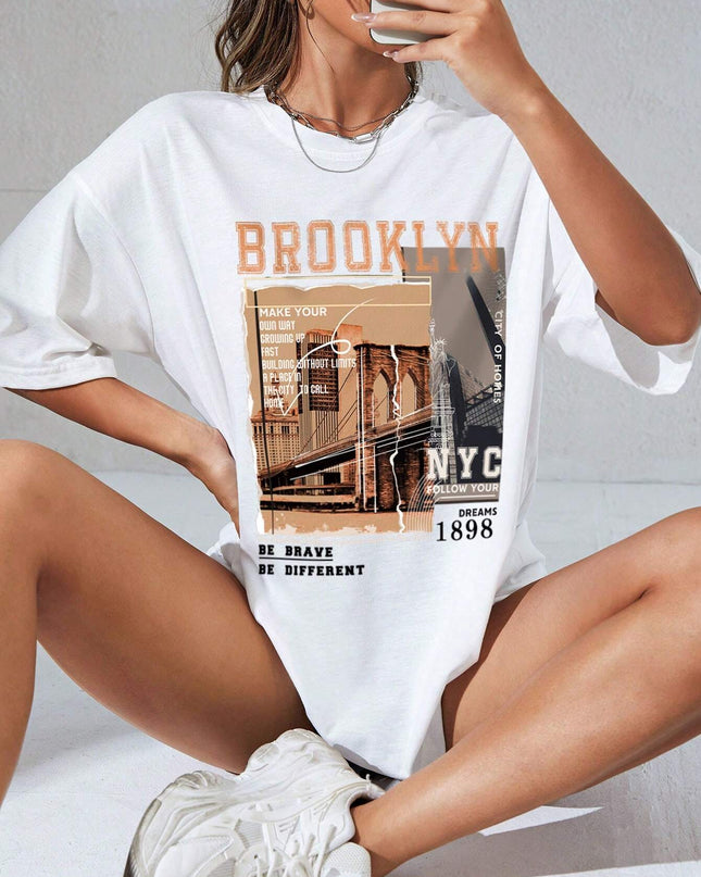 INAWLY Street View and Slogan Graphic Drop Shoulder Tee MAKE YOUR OWN WAY GROWING up FAST BUILDING without LIMITS a PLACE in the CITY to CALL HOME CITY of HOMES NYC FOLLOW YOUR DREAMS 1898 the Brooklyn Bridge Is a Famous Sight in New York BE BRAVE BE DIFFERENT Graphic Tees Women Tops