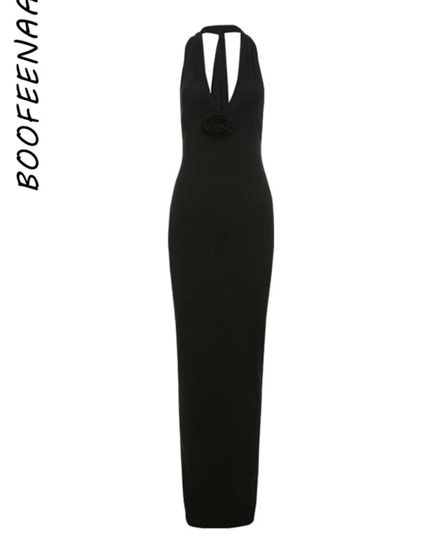 Women's Elegant Floral-Applique Halter Backless Maxi Dress - Summer Party Wear 2024 C83-CE37