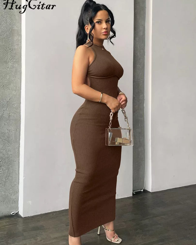 Ribbed Solid Hollow Out Backless Sleeveless Sexy Slit Mini Dress Bodycon 2025 Spring Women Outfits Elegant Party Y2K