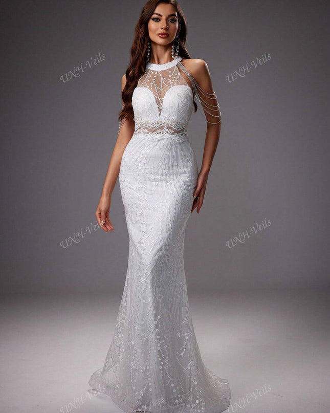 UNITHORSE Elegant, Gorgeous and Romantic, White Color, Off-Shoulder Sleeveless, Mermaid Tail Design, See-Through Elastic Lace Breast Cup, Chain Decor Embroidery Mesh Wedding Dress Gown, All White Party Outfit Women