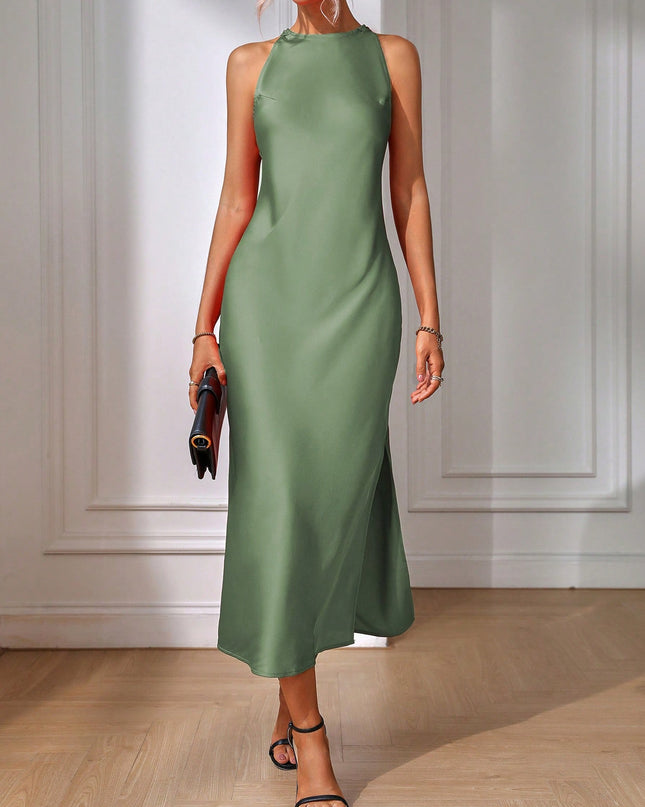 Clasi Solid Split Thigh Dress Maxi Women Outfit Sage Green Dress Elegantsilk Dress Formal