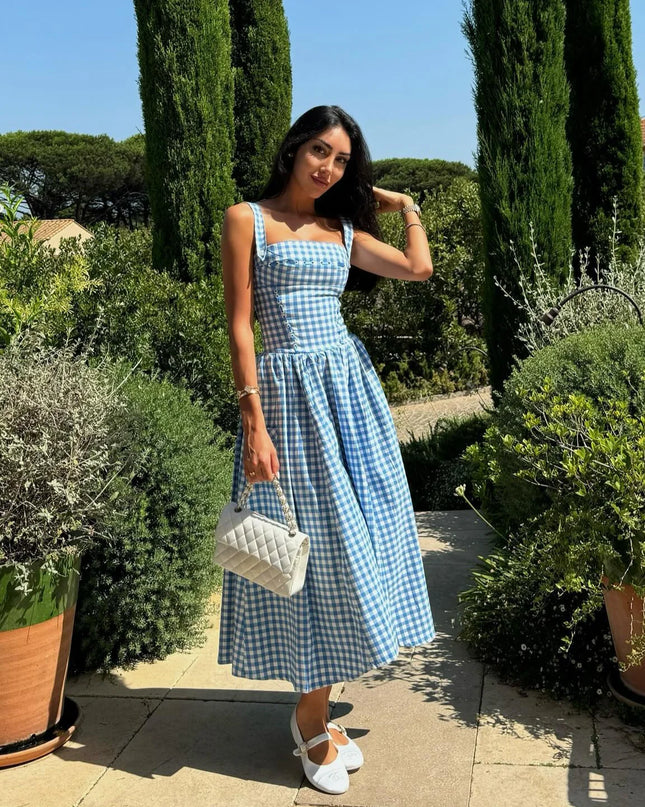 Summer Elegant and Beautiful Women Dresses 2024 Midi Blue and White Plaid Dress with Pocket Female Vacation Dress