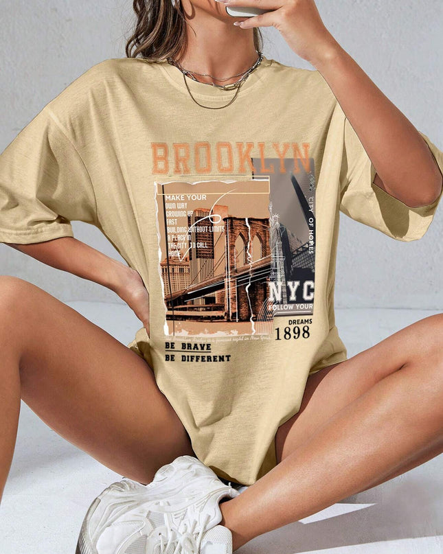 INAWLY Street View and Slogan Graphic Drop Shoulder Tee MAKE YOUR OWN WAY GROWING up FAST BUILDING without LIMITS a PLACE in the CITY to CALL HOME CITY of HOMES NYC FOLLOW YOUR DREAMS 1898 the Brooklyn Bridge Is a Famous Sight in New York BE BRAVE BE DIFFERENT Graphic Tees Women Tops
