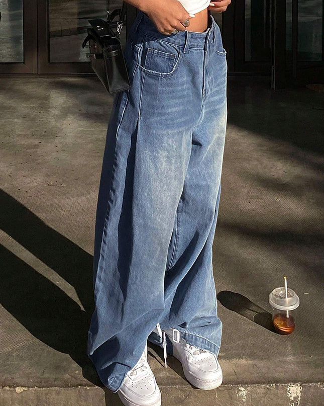 Livesso Ladies' Wide-Leg Jeans with Grinding & Distressed Details,Baggy Jeans,Back to School Clothes