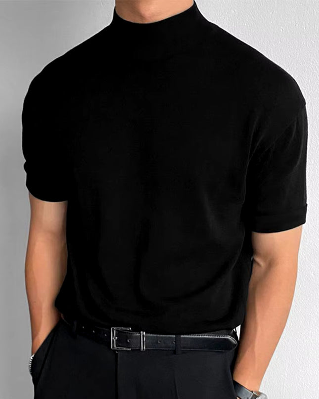 Men T-Shirt Solid Color High Neck Men Top Sweat Absorption Dress-Up Fitness Top Summer Short Sleeve Male Shirt Top for Men