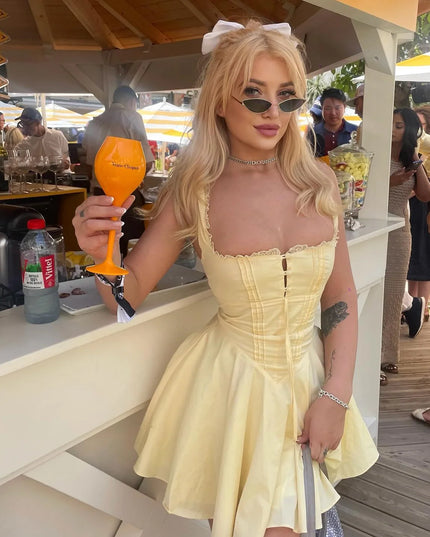 Mingmingxi 2024 Summer Lovely a Line Dress Yellow Sexy Party Dresses Hollow Out Lace up Elegant Holiday Dress Women