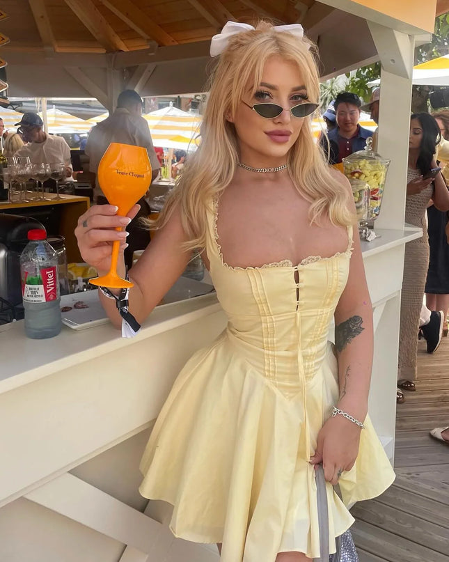 Mingmingxi 2024 Summer Lovely a Line Dress Yellow Sexy Party Dresses Hollow Out Lace up Elegant Holiday Dress Women