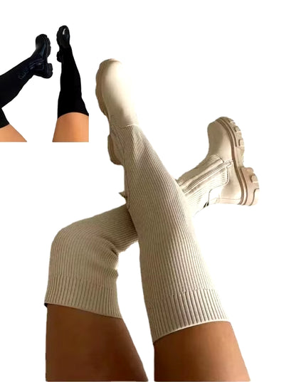 Women'S Boots plus Sizes 41 42 43 Suede Platform Knee High Boots Slim Winter plus Velvet Stretch Boots round Toe Shoe Woman Buty