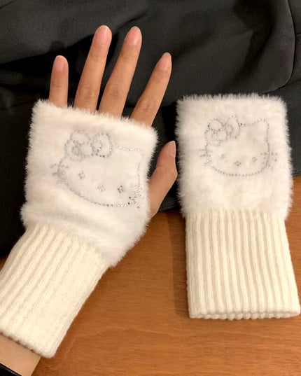 Hello Kitty Half Finger Gloves for Women Fashion Winter Warm Soft Knitting Gloves Casual Cartoon Fingerless Mitten Gifts