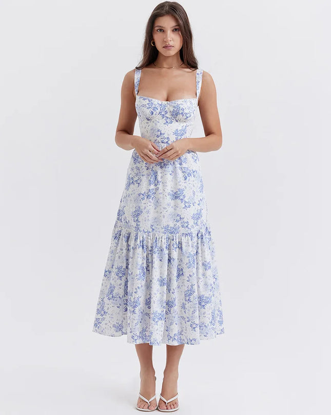 Mingmingxi Summer Elegant Holiday Dress 2024 Causal Ruffle Hems Fit and Flare Dress with Pocket Mid Length Floral Print Dress