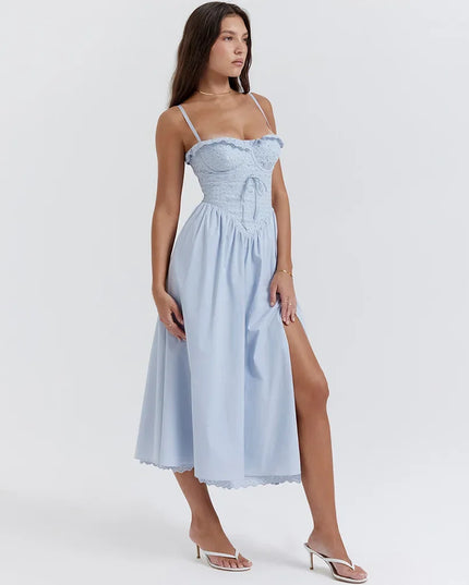 Fashion Summer Dresses 2024 Blue Midi Crochet Dress Elegant Sexy Spaghetti Strap Bustier Dress for Party Club