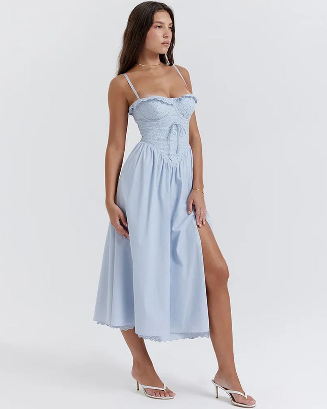 Fashion Summer Dresses 2024 Blue Midi Crochet Dress Elegant Sexy Spaghetti Strap Bustier Dress for Party Club