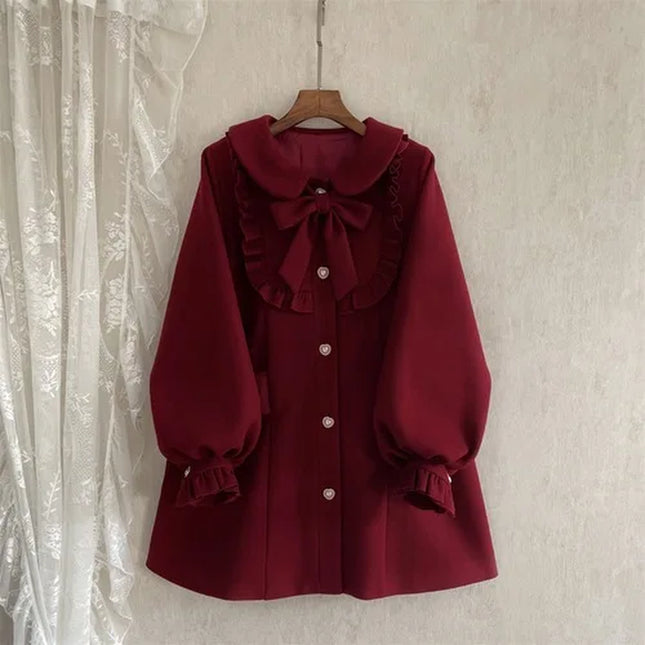 Winter Women'S Woolen Coat Japanese Lolita Style Sweet Kawai Bow A-Line Loose Jackets Female Elegant Fall Korean Fashion Outwear