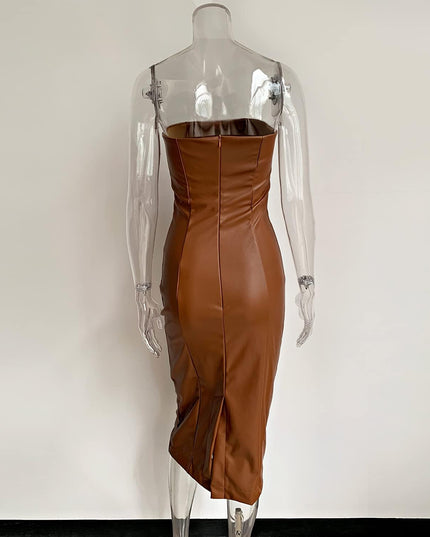 Women Sexy Strapless Tube Top Club Midi Dress off Shoulder Bodycon Party Faux Leather Dress