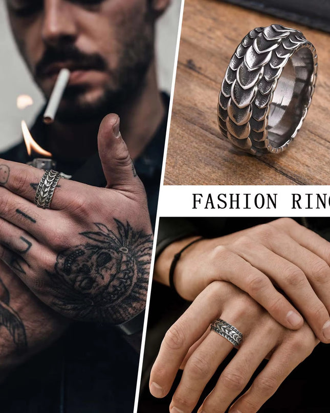 Rock Punk Viking Dragon Carved Surface Rings for Men Jewelry,Vintage Silver Color Stainless Steel Male Finger Bands