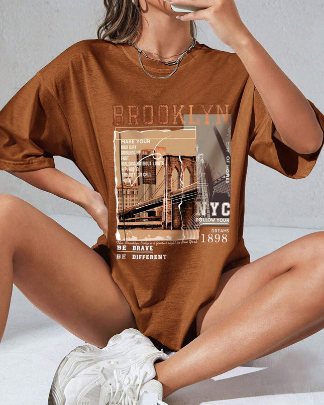 INAWLY Street View and Slogan Graphic Drop Shoulder Tee MAKE YOUR OWN WAY GROWING up FAST BUILDING without LIMITS a PLACE in the CITY to CALL HOME CITY of HOMES NYC FOLLOW YOUR DREAMS 1898 the Brooklyn Bridge Is a Famous Sight in New York BE BRAVE BE DIFFERENT Graphic Tees Women Tops