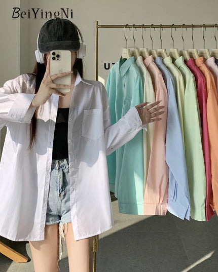 2024 Spring Autumn Women Shirts White Plain Loose Oversized Blouses Female Tops Loose BF Korean Style Blusas Pockets