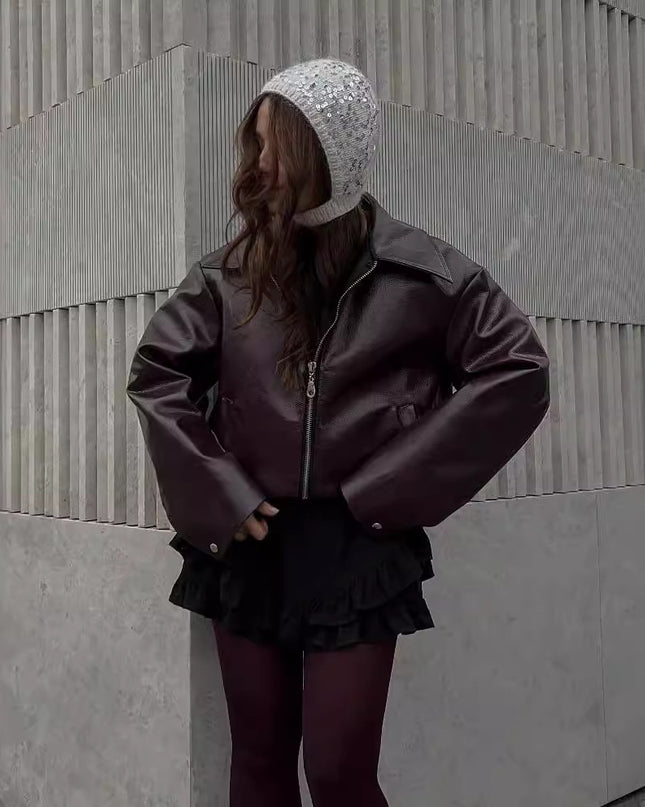 Solid Color Lapel Zipper Jacket Fashion Casual Long Sleeve Leather Coat Tops Women Clothing