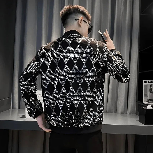 Sequin Diamond Bomber Jackets for Men Silver Plaid Fashion Streetwear Hip Hop Windbreaker Coat Nightclub Singer Stage Costume