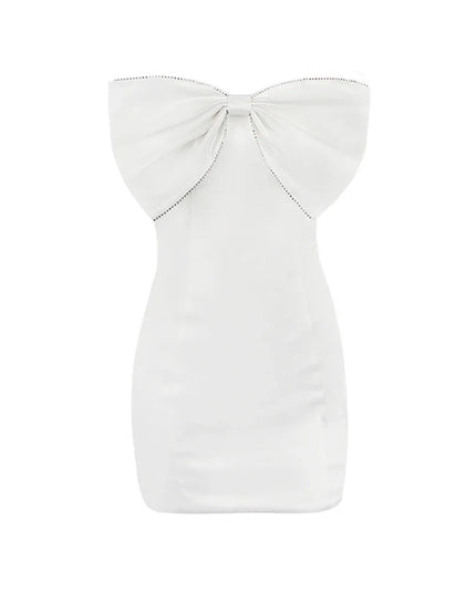 Sexy Satin Strapless White Bodycon Dress Mini Diamonds Bow Wedding Guest Night Party Dresses Summer Women Dress 2023