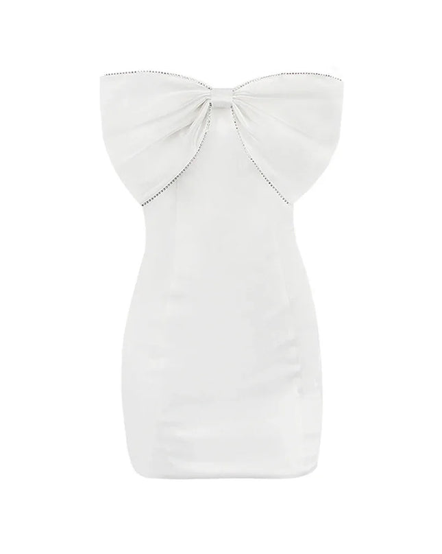 Sexy Satin Strapless White Bodycon Dress Mini Diamonds Bow Wedding Guest Night Party Dresses Summer Women Dress 2023
