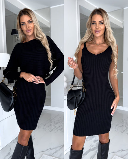 2Pcs Suit Women'S Solid Stripe Long-Sleeved Top and Tight Suspender Skirt Fashion Autumn Winter Slim Clothing