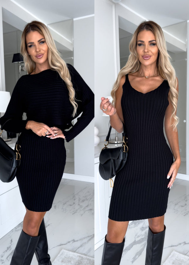 2Pcs Suit Women'S Solid Stripe Long-Sleeved Top and Tight Suspender Skirt Fashion Autumn Winter Slim Clothing