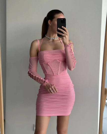 Mingmingxi Elegant off the Shoulder Mesh Dress Sexy Halter Boning Bodycon Birthday Party Dresses Pink Summer Dresses Women