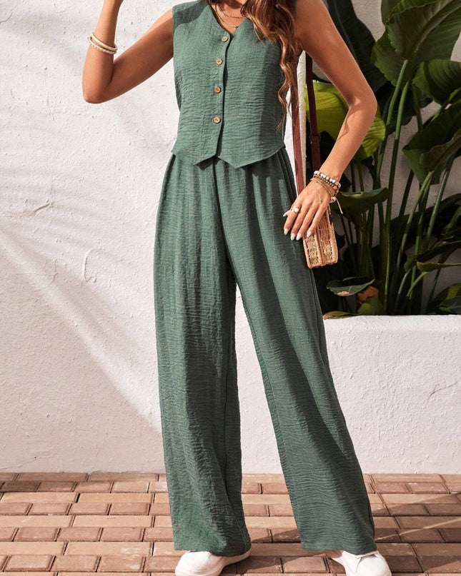 Frenchy Women'S Solid Color Front Button Sleeveless Blouse and Long Pants Casual Suit Set Fall Women Outfits Women Outfit Sets Winter Women Sets