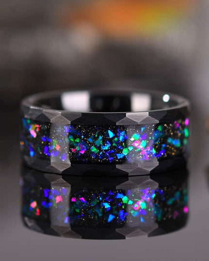 Mens Womens Tungsten Rings 8Mm 4Mm Galaxy Series Created-Opal Inlay Wedding Bands