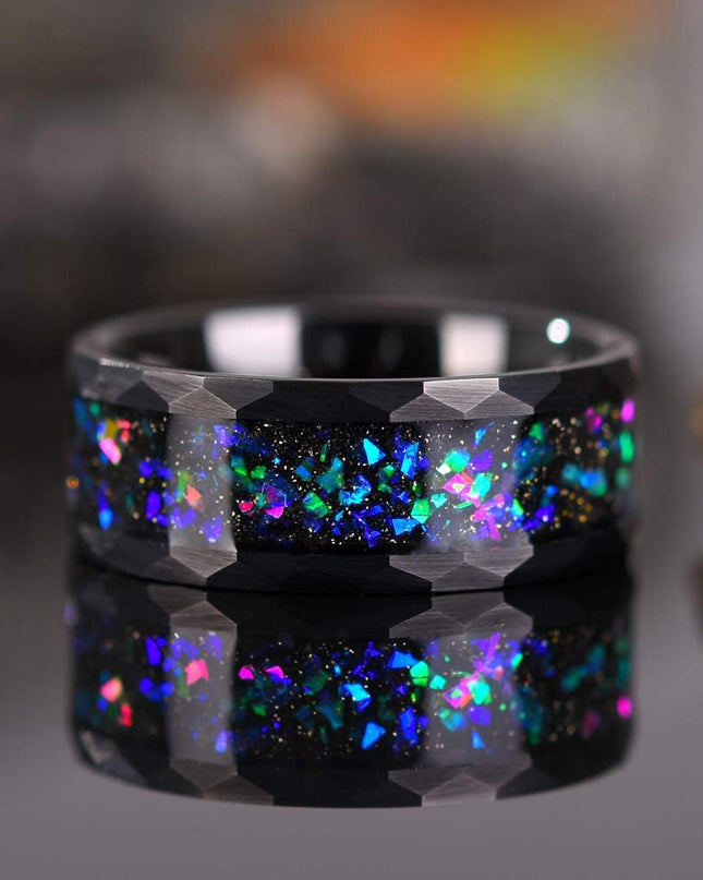 Mens Womens Tungsten Rings 8Mm 4Mm Galaxy Series Created-Opal Inlay Wedding Bands