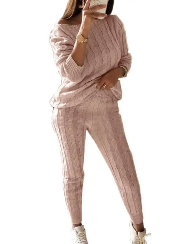 Hot Sale 2 Pieces Women'S Suit Winter Solid Color Knitted Pants Suit Women'S Long-Sleeved Knitted Casual Two-Piece Thick Sweater