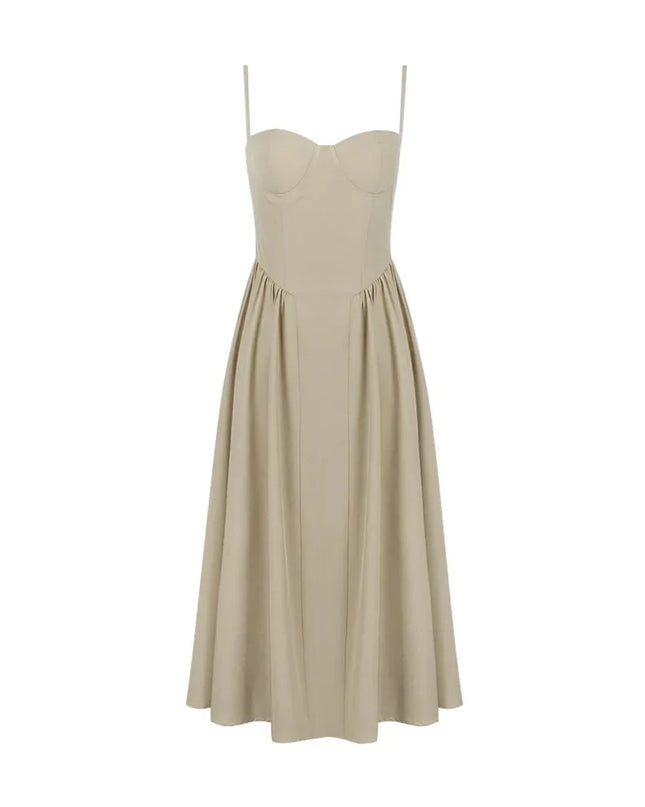 Summer Elegant Midi Spaghetti Strap Dresses Slim V Neck a Line Party Dress Khaki Casual Dress Women'S Clothing