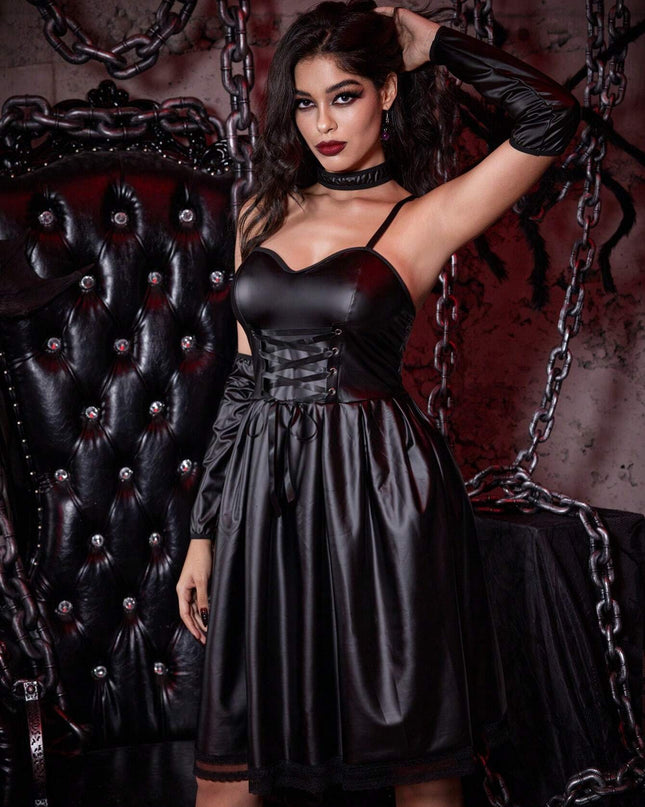 Women'S Spaghetti Strap Backless Elegant Dress, Long Gloves and Charming Necklace Set (Dress, Gloves, Necklace), Black Halloween Dress