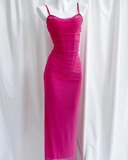 Elegant Mesh Sexy Maxi Dress for Women Light Purple Fishbone Spaghetti Strap Sleeveless Backless Party Long Dress New