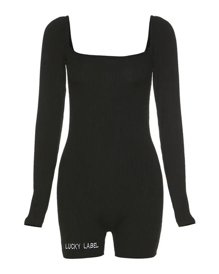 2021 New Women Solid Color Long Sleeve Summer Bodycon Playsuit Square Collar Ribbed Letter Embroidery Short Romper Sexy