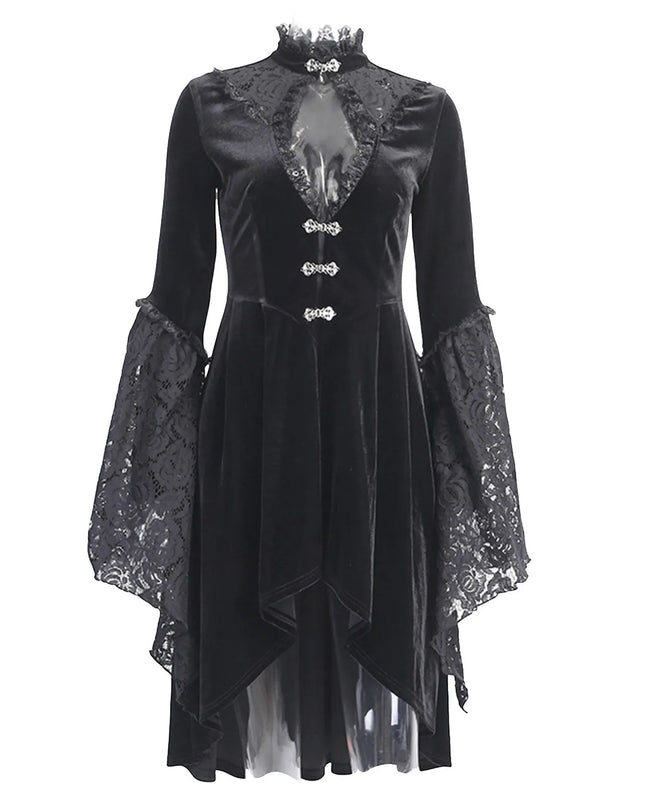 Women Gothic Lace Dress V Neck Hollow Out Flare Long Sleeve Dress Halloween Cosplay Costume Masquerade Party Dress up Vestidos