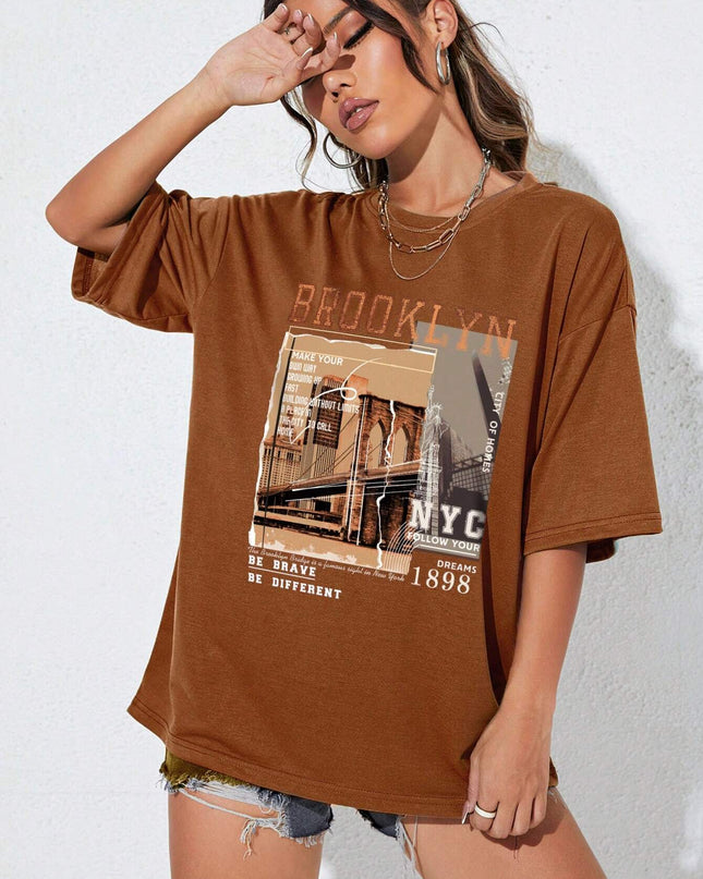 INAWLY Street View and Slogan Graphic Drop Shoulder Tee MAKE YOUR OWN WAY GROWING up FAST BUILDING without LIMITS a PLACE in the CITY to CALL HOME CITY of HOMES NYC FOLLOW YOUR DREAMS 1898 the Brooklyn Bridge Is a Famous Sight in New York BE BRAVE BE DIFFERENT Graphic Tees Women Tops